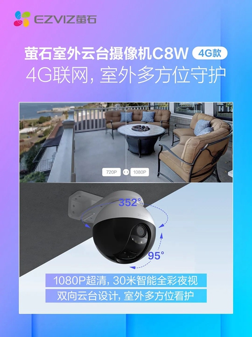 萤石室外云台摄像机C8W:防水防尘,双向语音通话(图1) 萤石室外云台摄像机C8W:防水防尘,双向语音通话(图1)