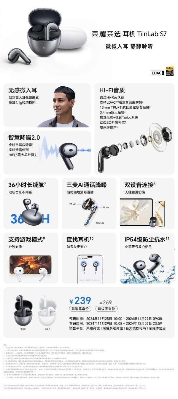 荣耀亲选耳机TiinLab S7开启预售 荣耀亲选耳机TiinLab S7开启预售:微入耳+降噪 269元(图1)